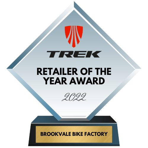Trophy reads: "Trek retailer of the year award 2022 - Brookvale Bike Factory"